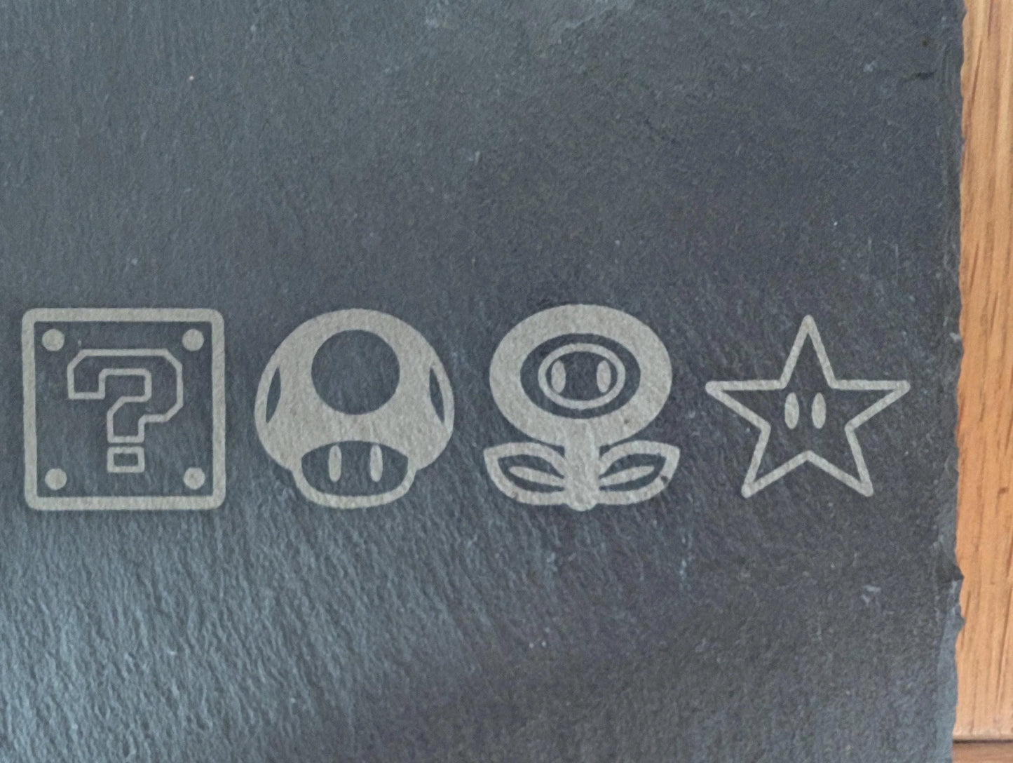 Engraved slate with four classic video game icons, custom gift, gamer decor