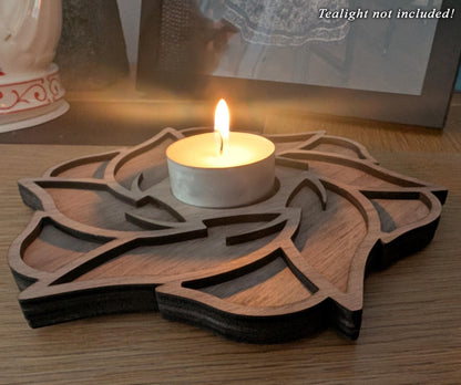 Wooden Lotus Tealight Holder – Handmade Layered Wood Candle Holder (Single or Pair)