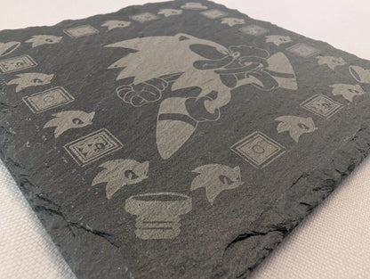 Laser engraved slate coaster with cartoon character and retro gaming icons