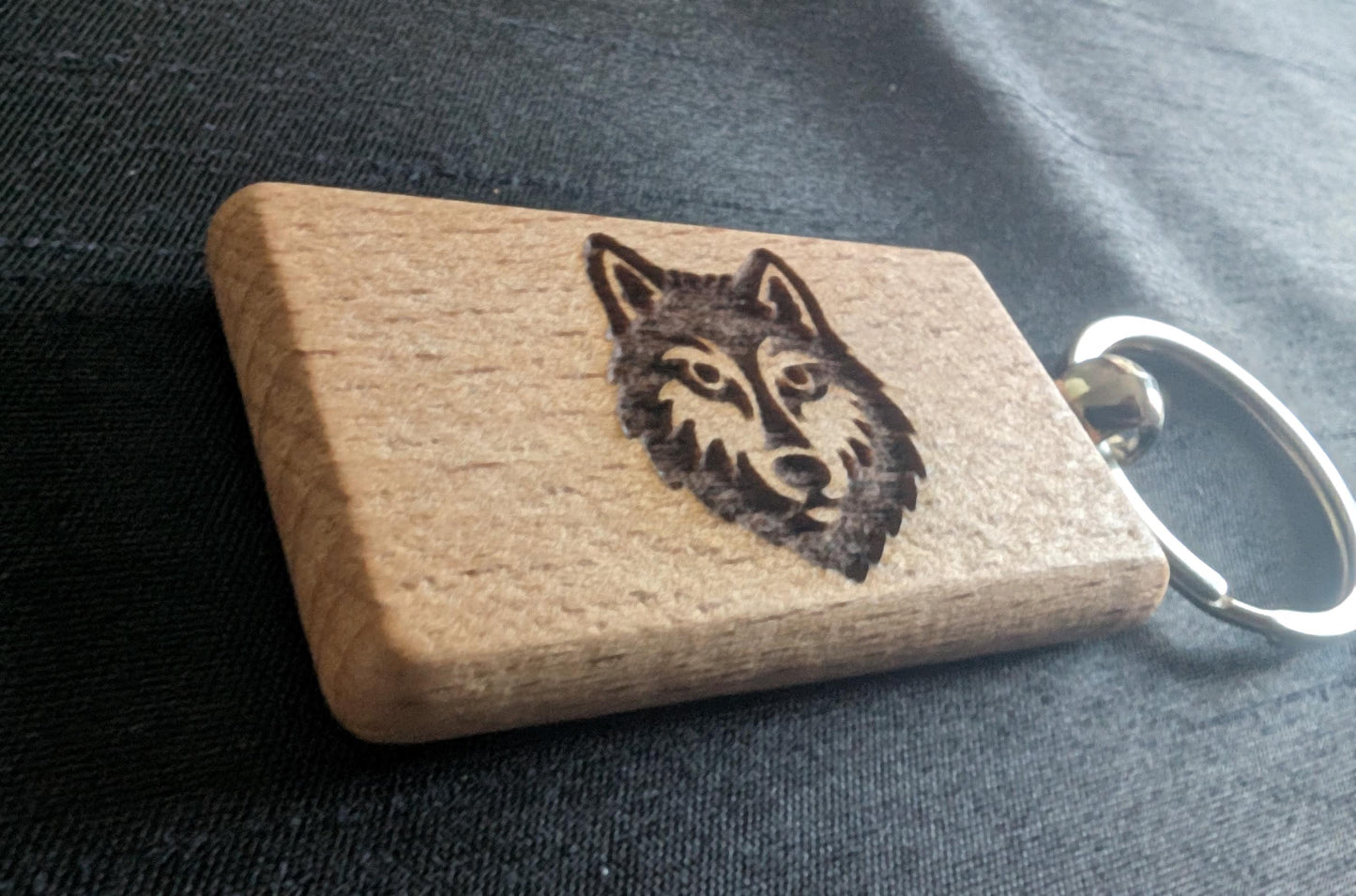 Handmade Wooden Wolf Keychain –  Animal Key Ring