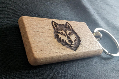 Handmade Wooden Wolf Keychain –  Animal Key Ring