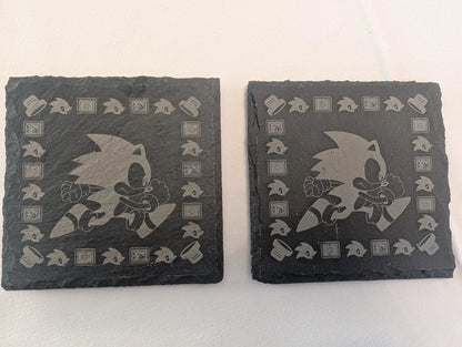 Custom engraved slate coasters with running character design and retro gaming motifs