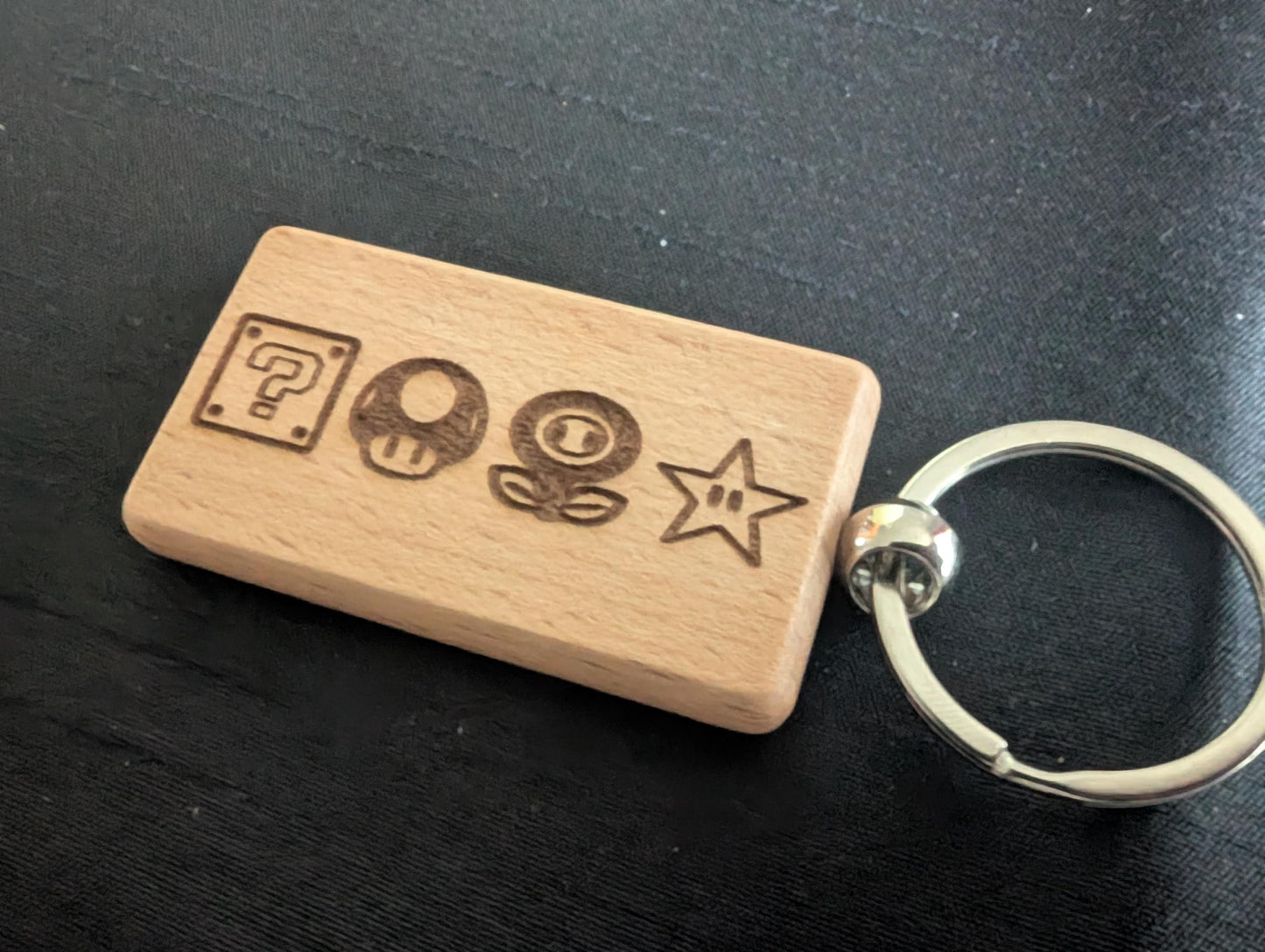 Laser Engraved Mario Power-up Wooden Keychain - Fan Gift