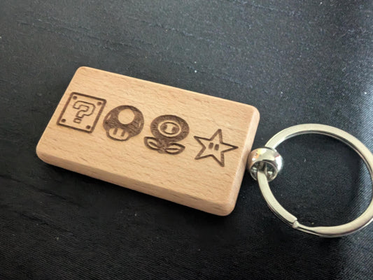 Laser Engraved Mario Power-up Wooden Keychain - Fan Gift