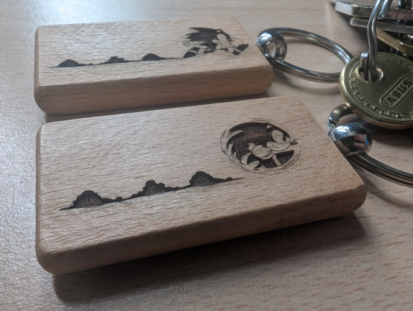 Laser Engraved Sonic the Hedgehog Wooden Keychain - Fan Gift