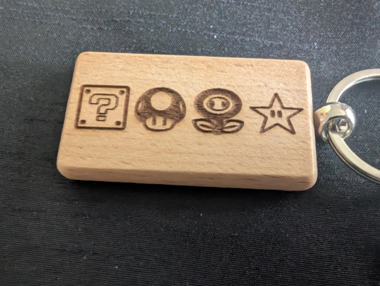 Laser Engraved Mario Power-up Wooden Keychain - Fan Gift