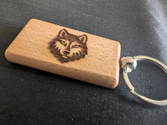 Handmade Wooden Wolf Keychain –  Animal Key Ring