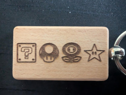 Laser Engraved Mario Power-up Wooden Keychain - Fan Gift