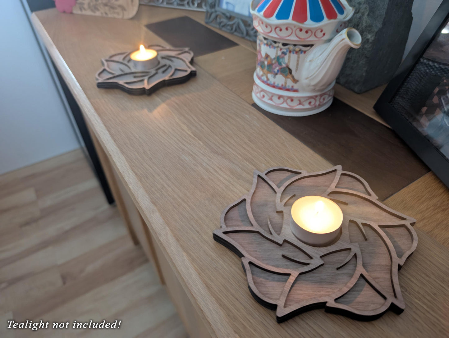 Wooden Lotus Tealight Holder – Handmade Layered Wood Candle Holder (Single or Pair)