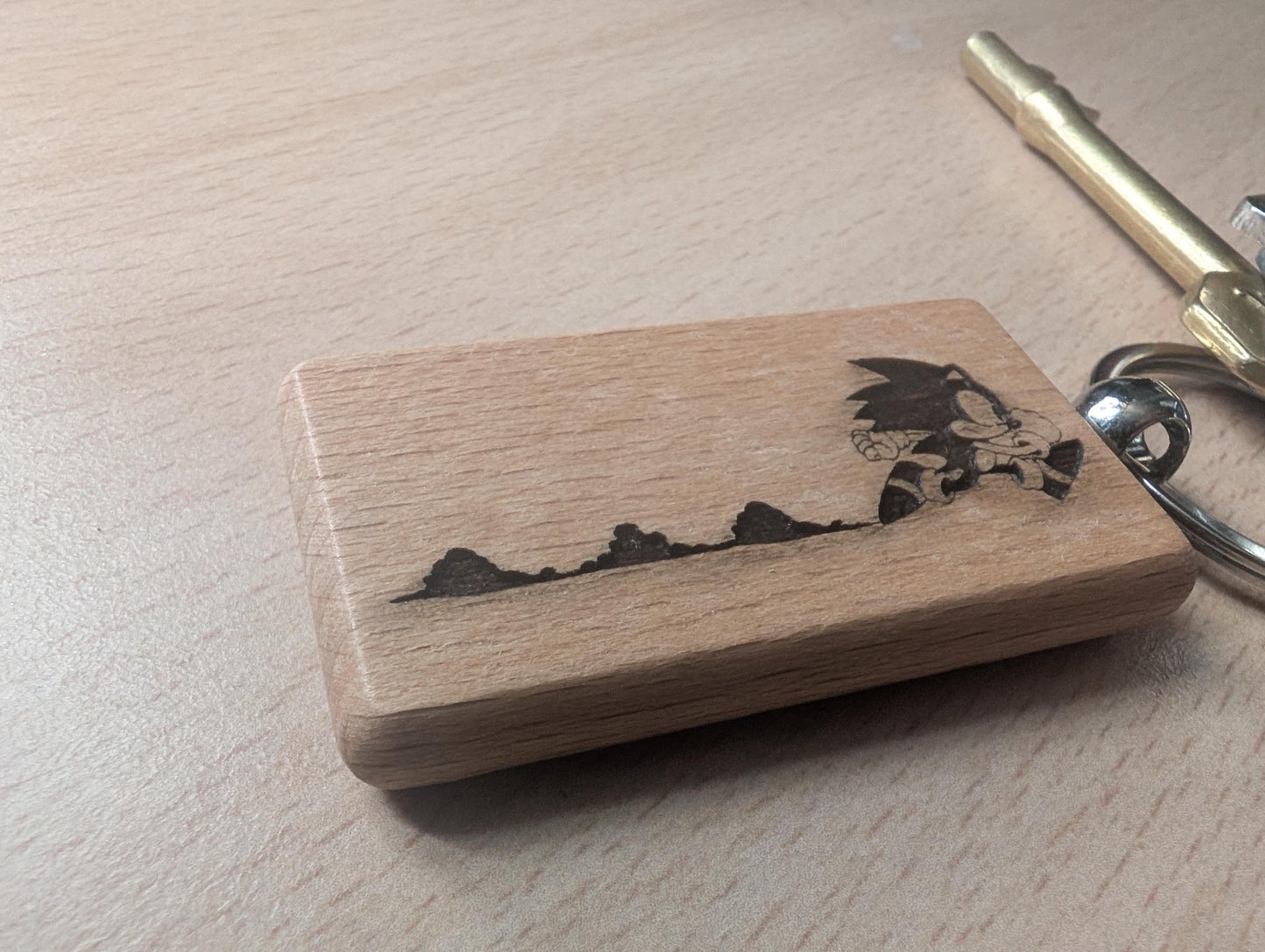 Laser Engraved Sonic the Hedgehog Wooden Keychain - Fan Gift