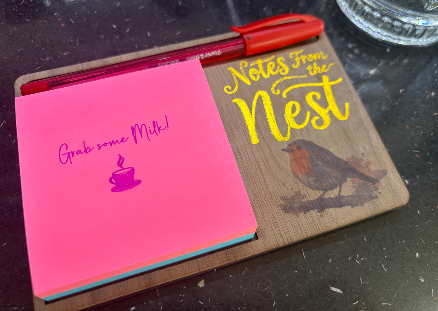 Robin Sticky Note Holder | Notes From The Nest Desk Organiser | Wooden Post-it Note Pad Holder | Bird Lover Gift | Rustic Office Desk Accessory