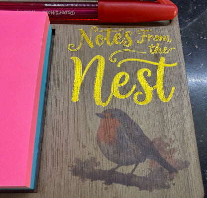 Robin Sticky Note Holder | Notes From The Nest Desk Organiser | Wooden Post-it Note Pad Holder | Bird Lover Gift | Rustic Office Desk Accessory