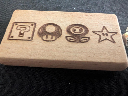 Laser Engraved Mario Power-up Wooden Keychain - Fan Gift