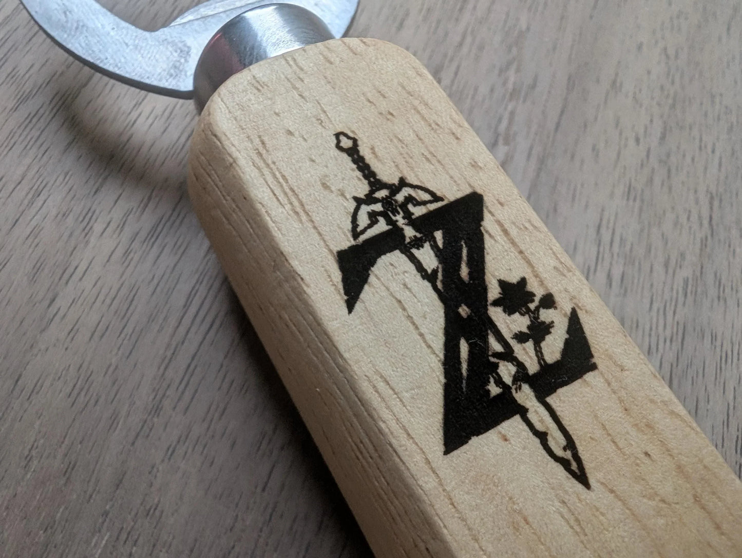 Wooden bottle opener with engraved sword and letter Z design on handle