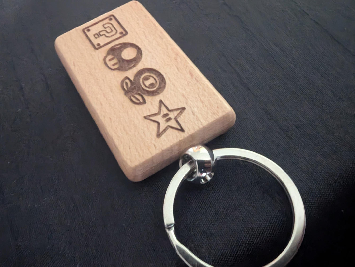 Laser Engraved Mario Power-up Wooden Keychain - Fan Gift