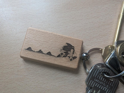 Laser Engraved Sonic the Hedgehog Wooden Keychain - Fan Gift