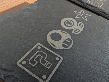 Engraved slate coaster with retro gaming icons, custom metal wood acrylic home decor