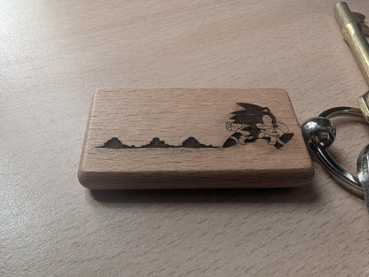Laser Engraved Sonic the Hedgehog Wooden Keychain - Fan Gift