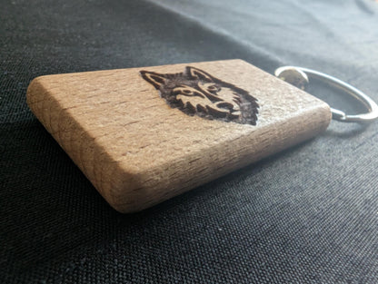 Handmade Wooden Wolf Keychain –  Animal Key Ring