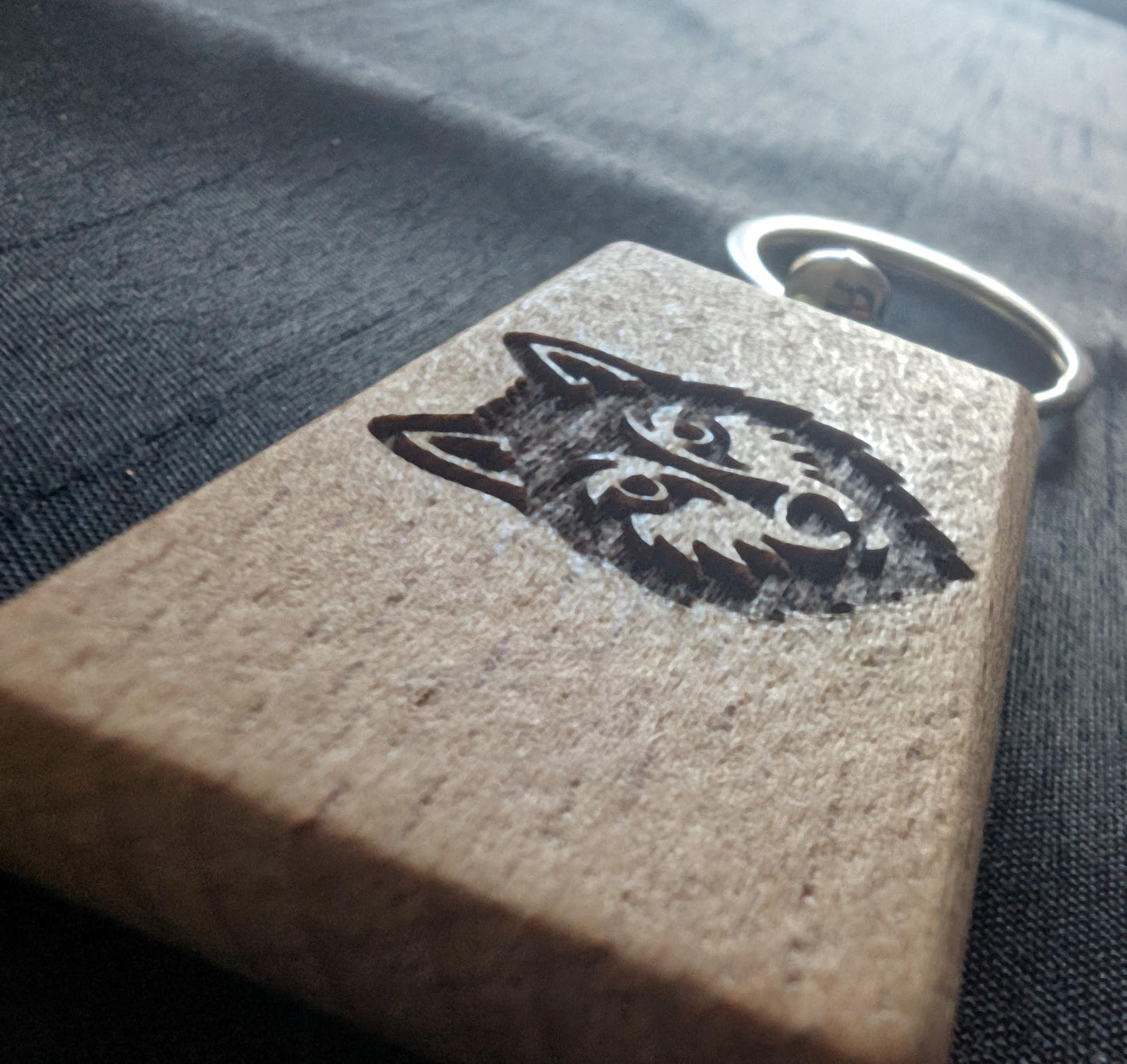 Handmade Wooden Wolf Keychain –  Animal Key Ring