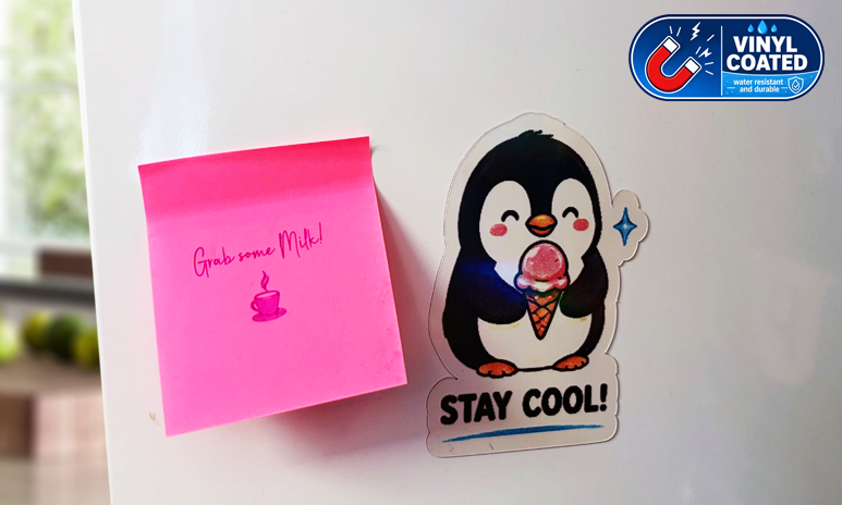 Vinyl-coated penguin magnet with 'Stay Cool!' text on a refrigerator next to a pink sticky note.