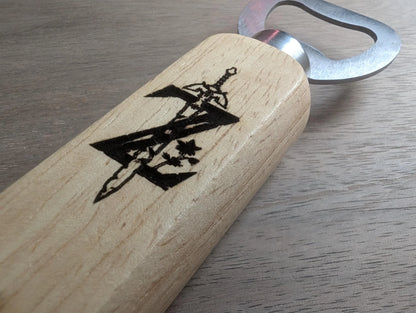 Wooden bottle opener with engraved sword and floral design on handle, metal blade, close-up